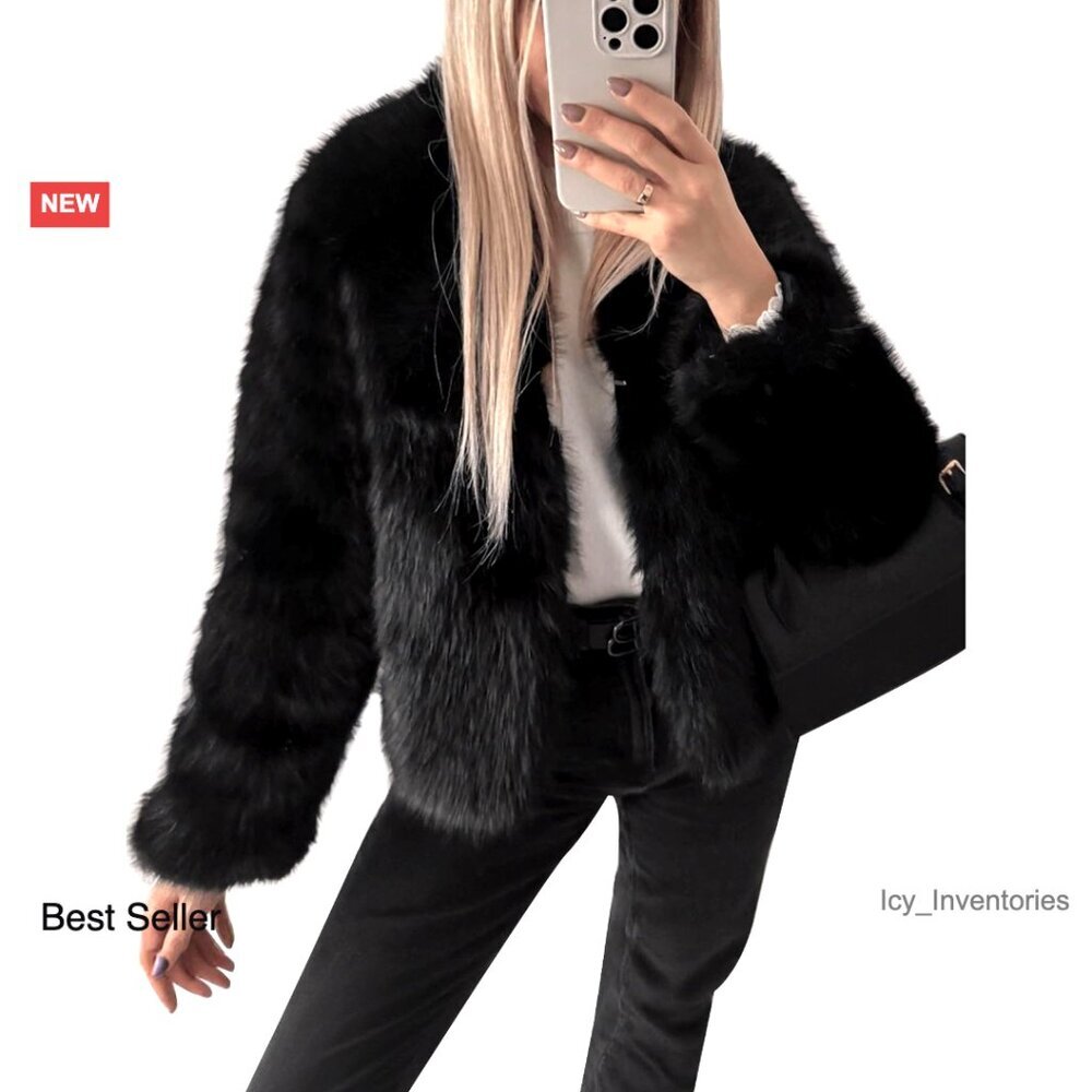 Faux Fur Cropped Jacket Open Front Fluffy Long Sleeve Shaggy Winter Coat